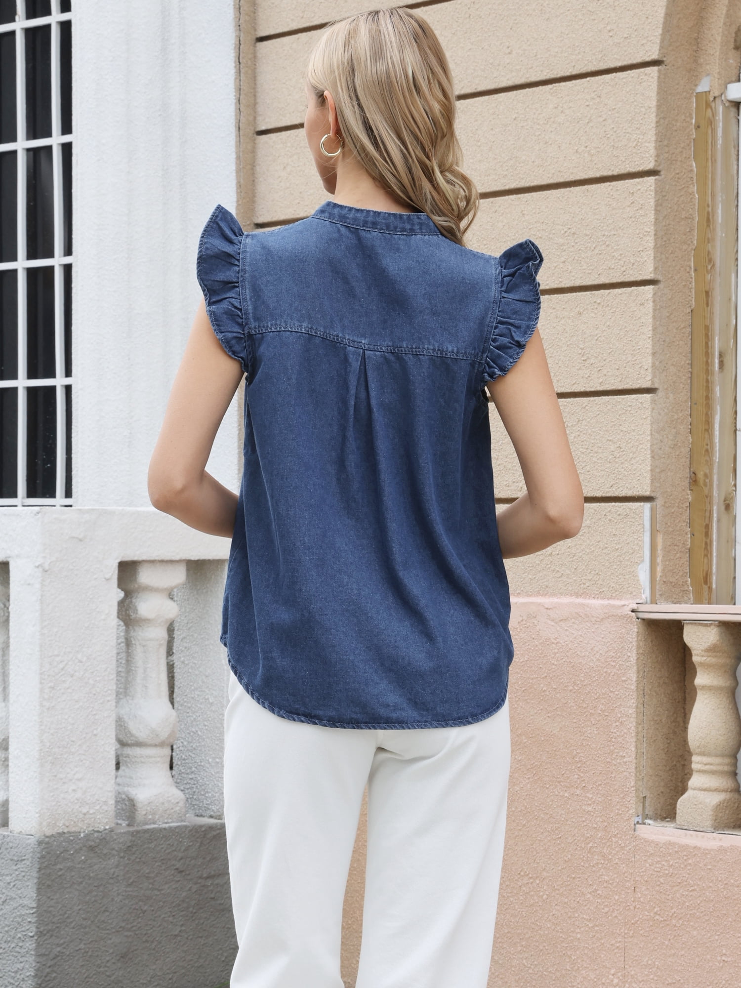DARING DIVA Women's Denim V Neck Ruffled Cap Sleeve Jean Casual Blouse S Blue