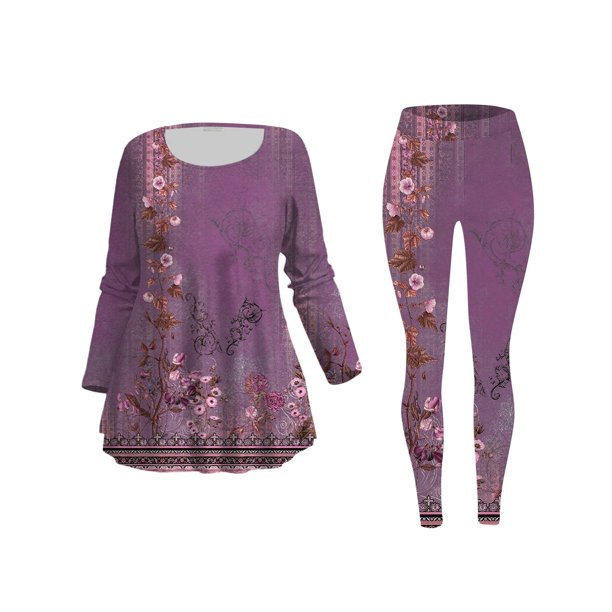 Conjunto dama Gibobby sudadera afelpada y pants de manga larga con cuello redondo y estampado de flores(Morado,M)