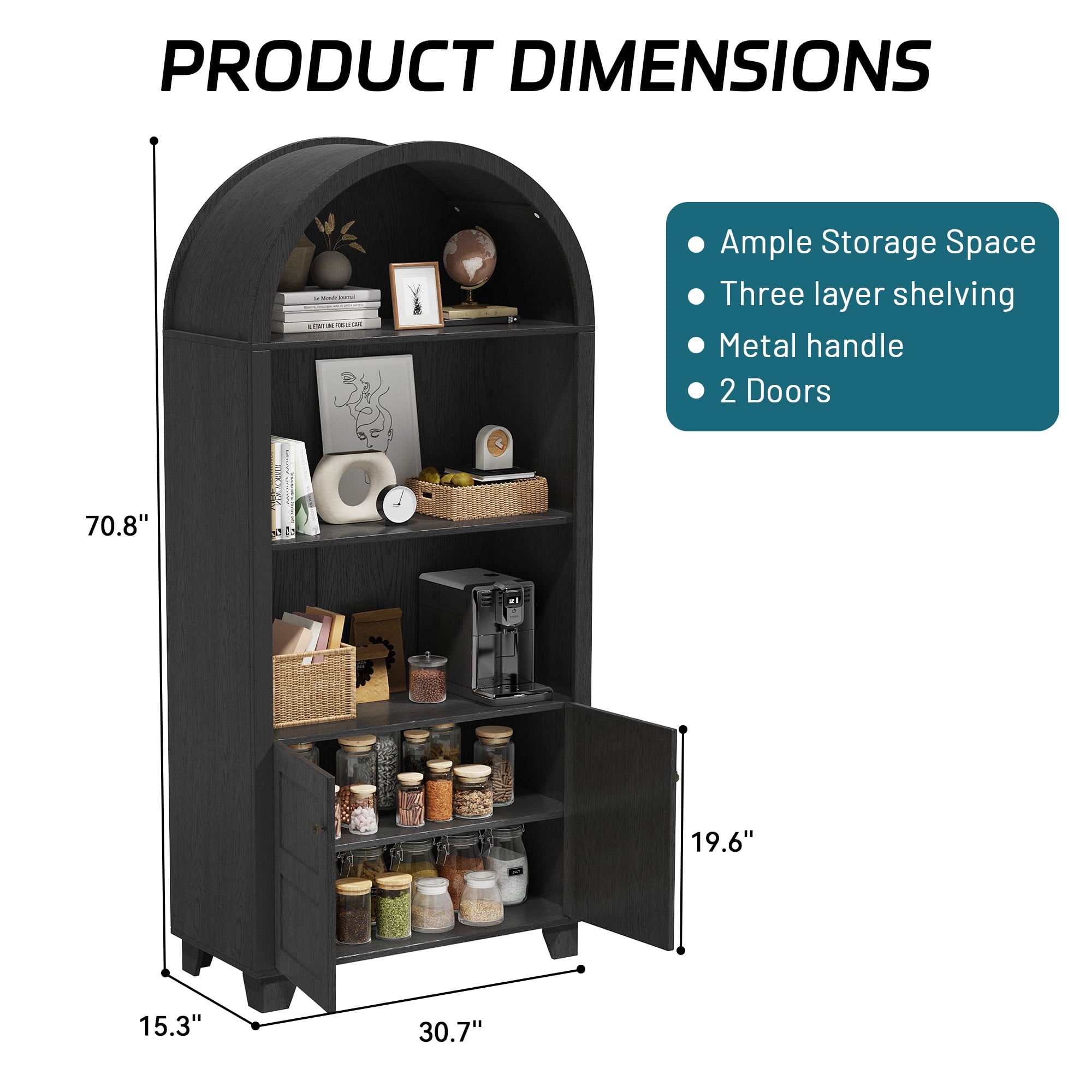 70'' Tall Arched Cabinet, Arched Kitchen Pantry Cabinet with 2 Doors and 5shelves, Open Storage Cabinets Display Bookcase, Versatile Cupboard for Living Room(Black)