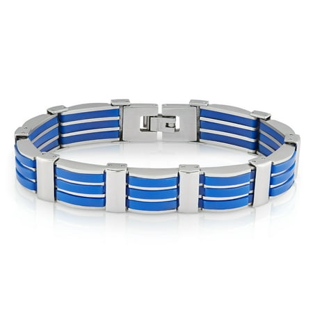 Crucible Two-Tone Stainless Steel Polished Blue Rubber Link Bracelet (13.5mm), 8