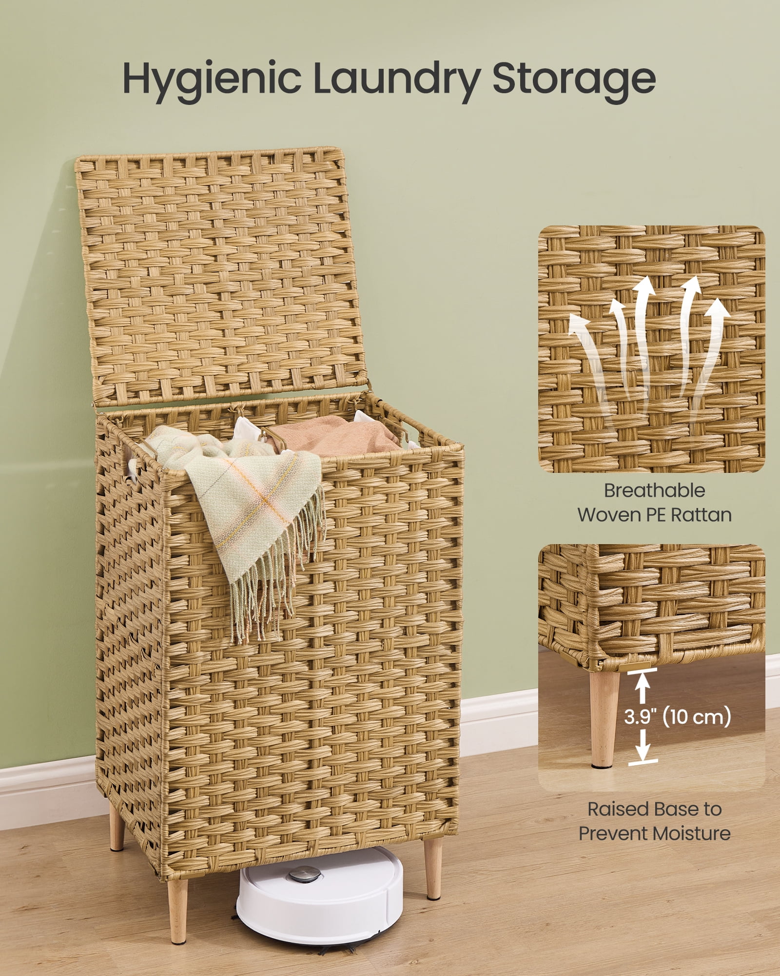 SONGMICS Laundry Hamper with Lid, PE Rattan,with Removable Liner, Storage Basket, 2-Section Sorter, 29 Gallons (110 L), Goose Yellow