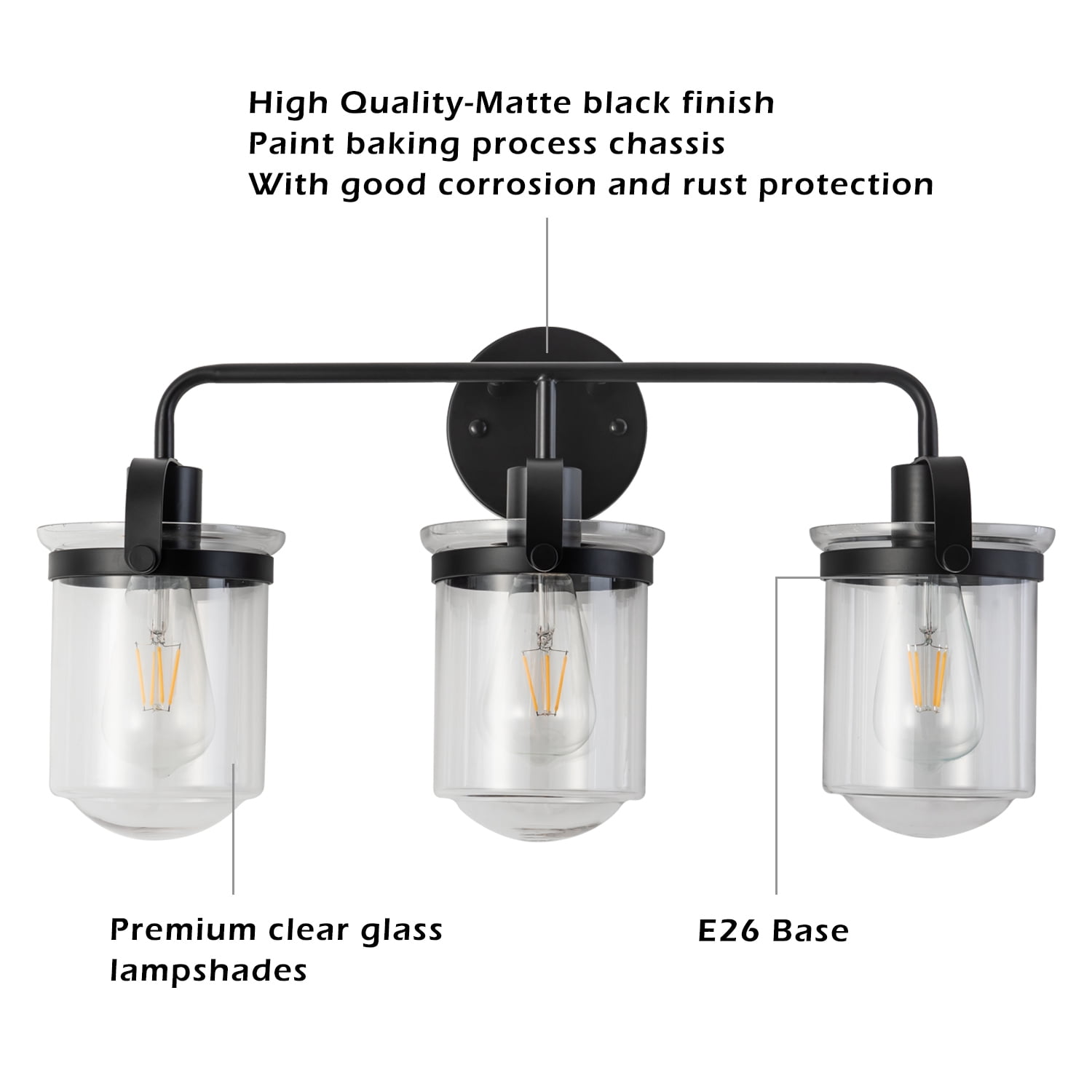 IVV Farmhouse Bathroom Vanity Light Fixtures Black with Clear Glass Shade 3 Light Industrial Wall Lighting Rustic Sconces Wall Mount Lamp for Living Room Hallway (Bulbs Not Included)