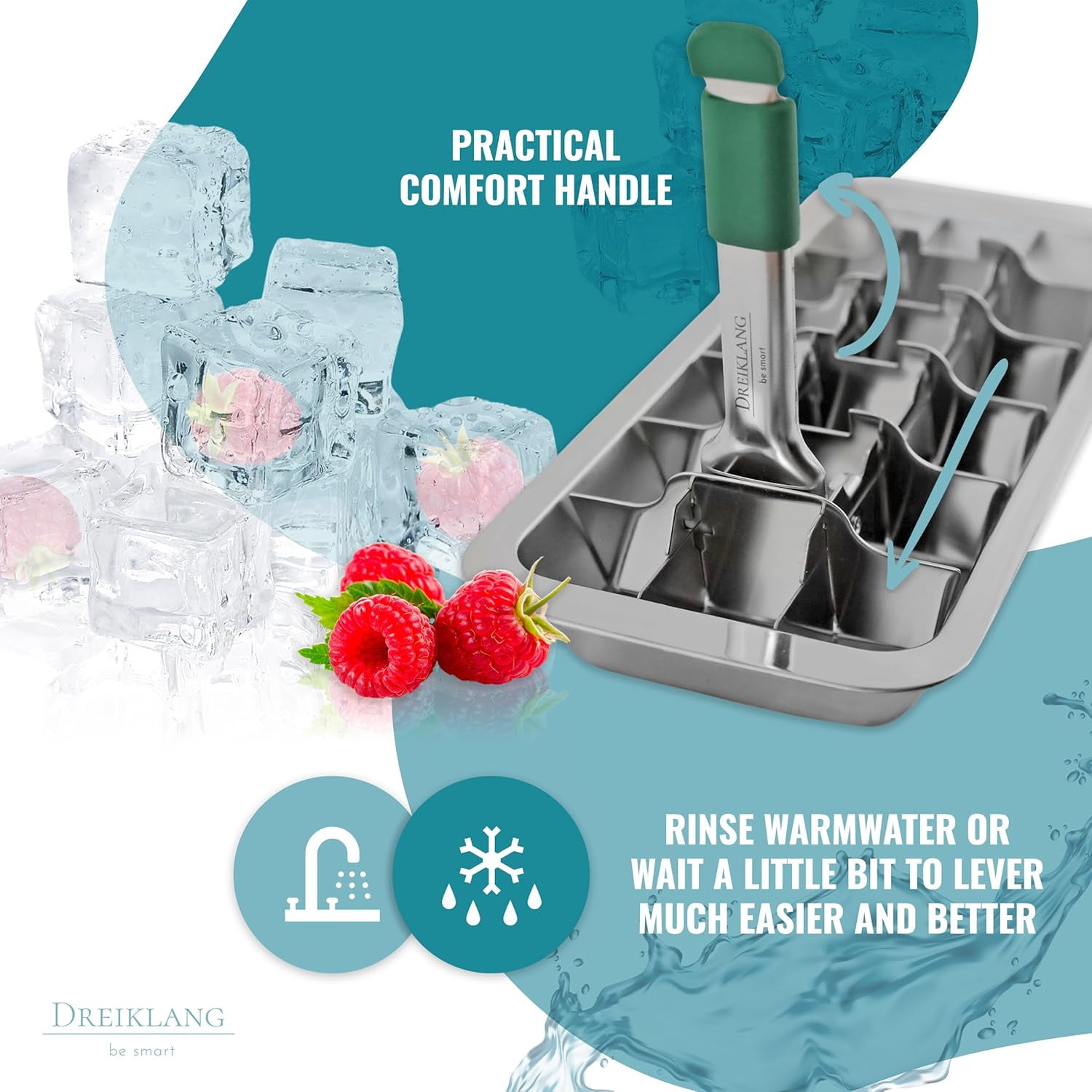 Stainless Steel Polished Set 2-Pack Ice Cube Tray for Freezer with Lever Insert | Easy Release Cold-Insulated Grip | Food-Safe  Ice Maker