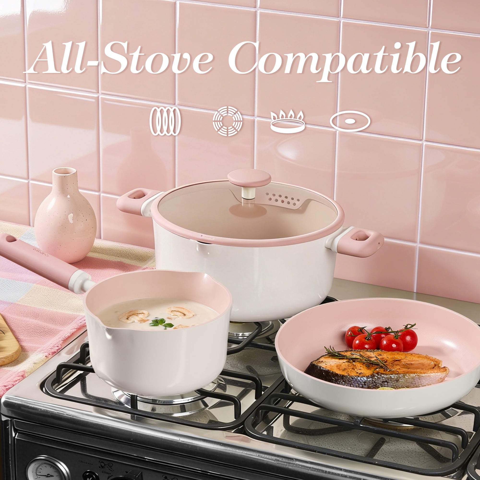 Carote 14-Piece Pots and Pans Set, Ceramic Nonstick Cookware Set with Steamer,Induction Compatible, Pink