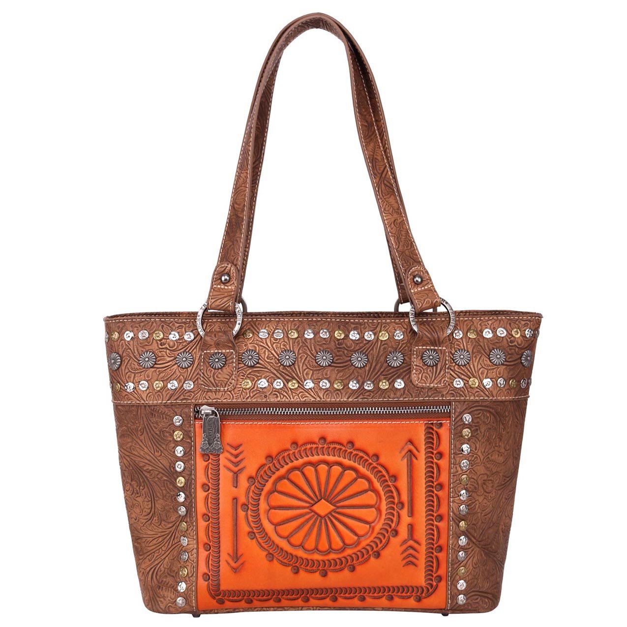 Women's Genuine Leather Western Tote Shoulder Handbag Studded Tooled