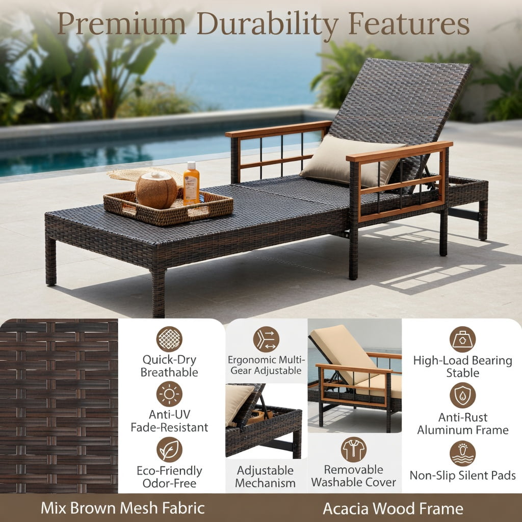 Hommoo Outdoor Chaise Lounge Chair with 4-Position Adjustable Backrest, Cushions, PE Rattan & Acacia Wood Frame, White