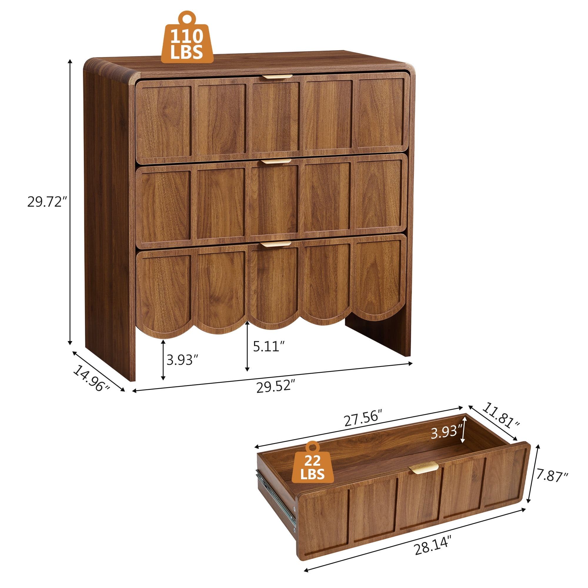 Weselon 3 Drawer Dresser for Bedroom, Modern Wave Panel Chest of Drawers, Closet Storage Cabinet, Walnut