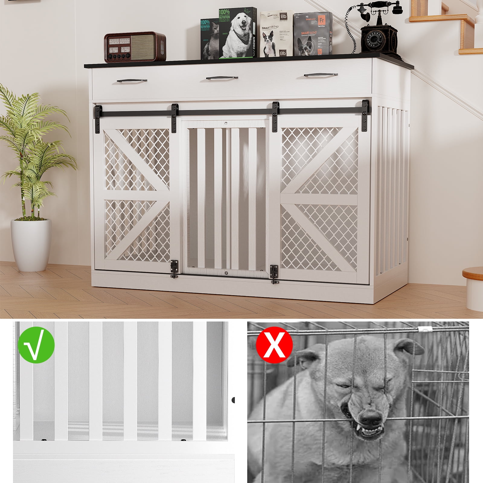 Casendy Dog Crate Furniture with Adjustable Divider for 2 Dogs, Heavy Duty Dog Kennels with 3 Drawers and Sliding Doors, Media Console Dog Cage for Living Room, White