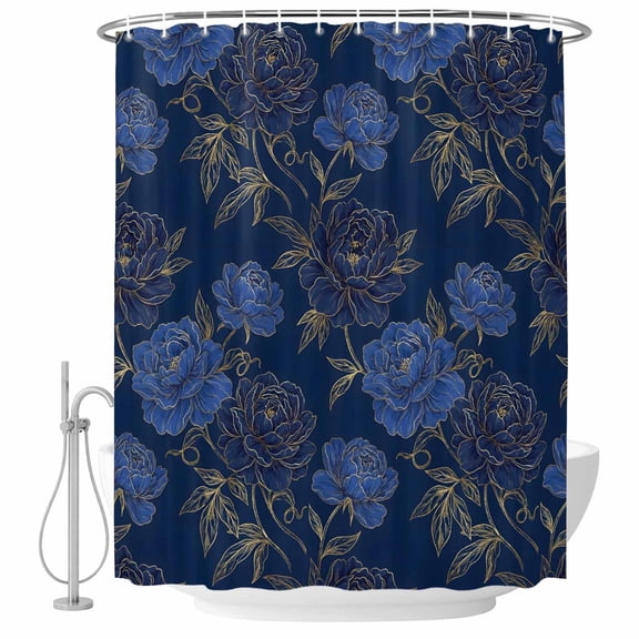 Navy Blue Golden Flowers Shower Curtain Set - Long 72" x 84" Washable Bathtub Curtain with 12 Hooks, Vintage Elegant Floral Botanical Waterproof Fabric Stall Shower Curtains for Bathroom Décor