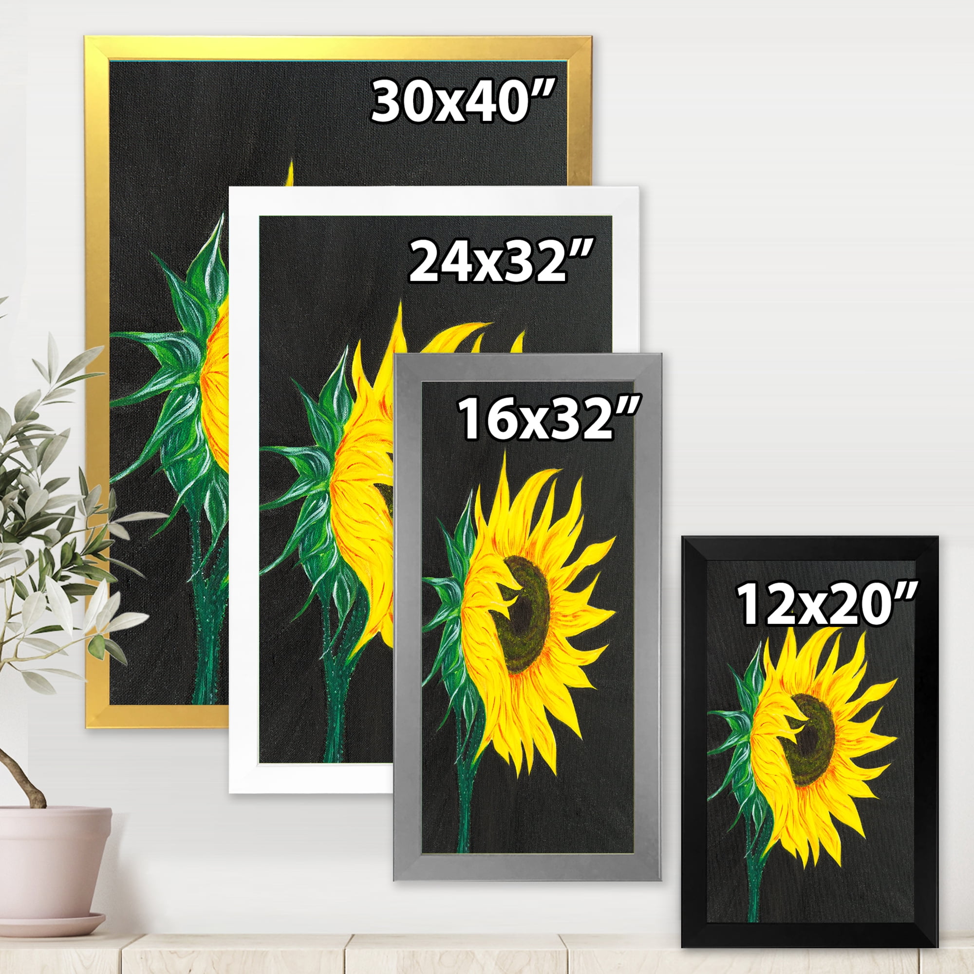 Designart 'Yellow Sunflower On Black' Traditional Framed Art Print