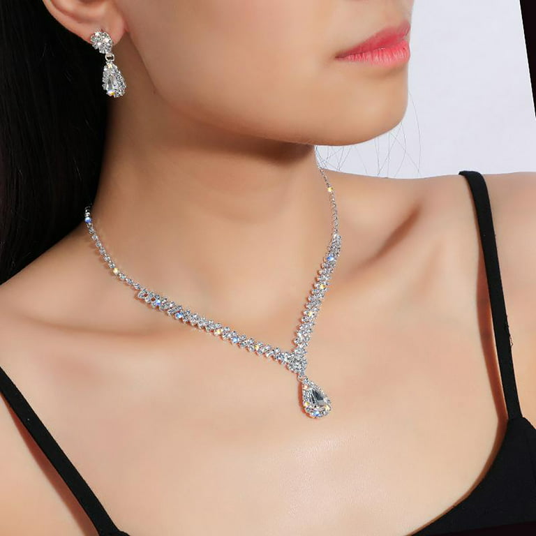 Jikolililili Exquisite Rhinestone Chain Necklace Set Diamond Necklace and  Earrings Two-piece Wedding Bridal Jewelry Set Strong Durable Necklace 