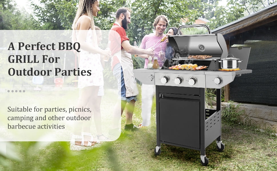 Vantic 3-Burner Propane Gas BBQ Grill with Side Burner & Porcelain-Enameled Cast Iron Grates Built-in Thermometer, 37,000 BTU Outdoor Cooking, Patio, Garden Barbecue Grill, Black and Silver