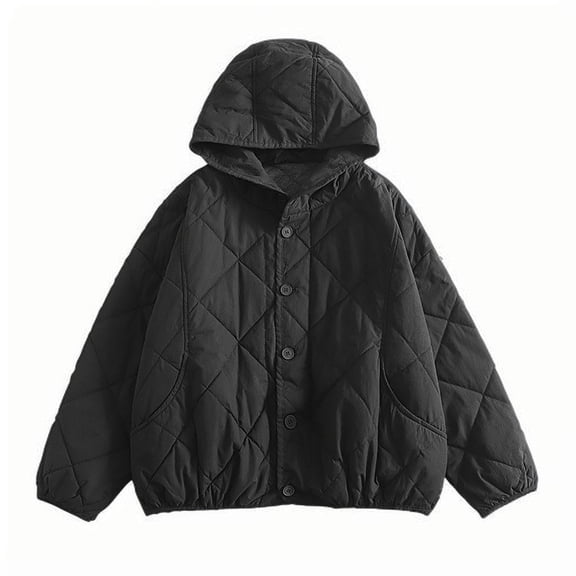 Uaswgudfs Women's Black Quilted Hooded Jacket, Long Sleeve Loose Casual Winter Coat - Warm Outerwear Black 2XL