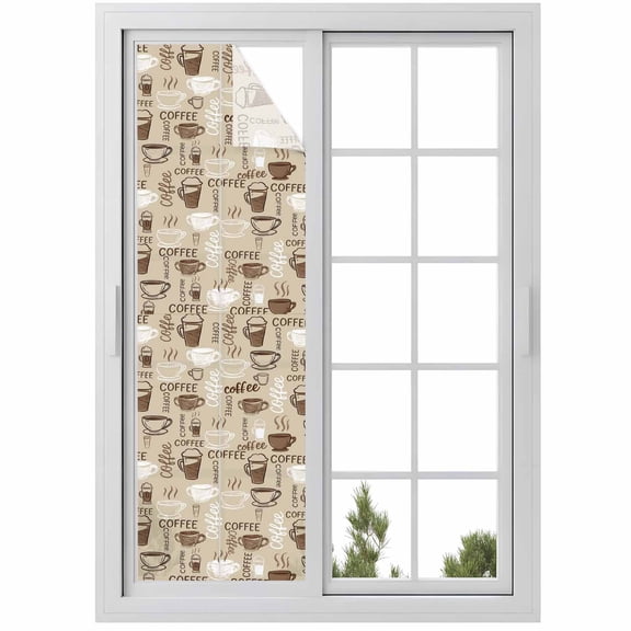 Coffee Window Privacy Film, Beige Farmhouse Retro Beans Latte Tea Cup Funny Static Cling UV Sun Blocking Heat Control Window Tint, Non-Adhesive One Way Windows Privacy Cover 17.7''x78.7''