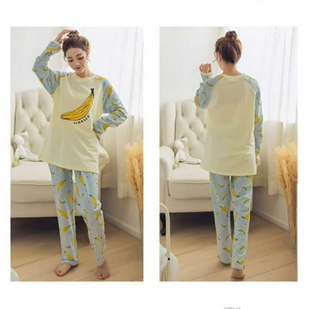 

Taykoo Ladies Home Pajamas Set Round Collar Long Sleeve Large Size