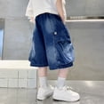 thumbnail image 7 of Kids Streetwear Hardware‑Decor Pleated Cargo‑Pocket Knee‑Length Denim Shorts, Elastic Waist Loose‑Fit Boys Summer Outdoor Casual Shorts, 7 of 7