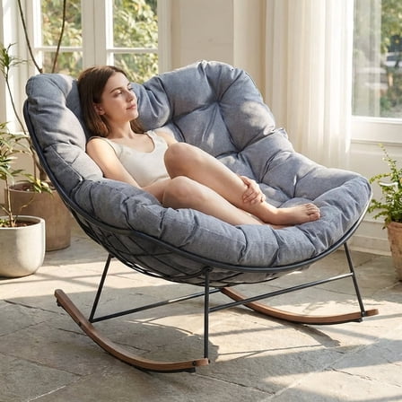Airdown Outdoor Rocking Egg Chair, Indoor Papasan Rocking Chair with Thick Cushion, Lounge Chair for Bedroom, Living Room, Porch, Garden, Gray