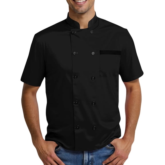 Men's Casual Chef Suit, Solid Color Short Sleeve Professional Kitchen Uniform for Restaurant Hotel Chefs Comfortable Stylish Wear,Black L