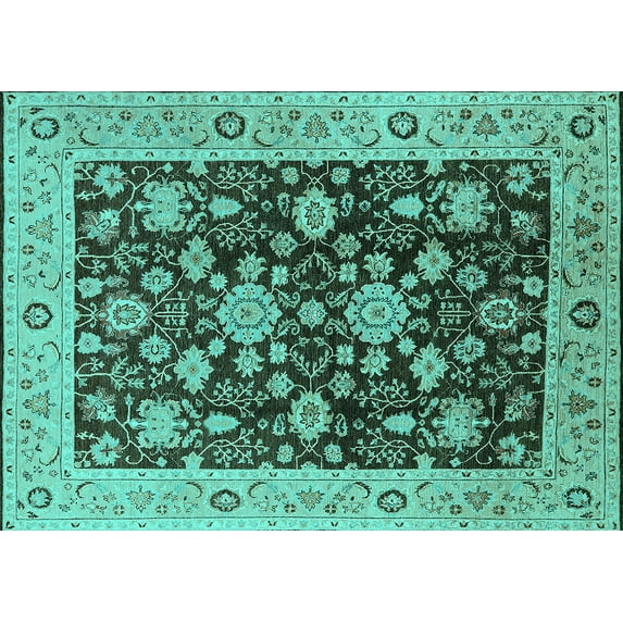 Ahgly Company Machine Washable Indoor Rectangle Oriental Turquoise Blue Traditional Area Rugs, 8' x 10'