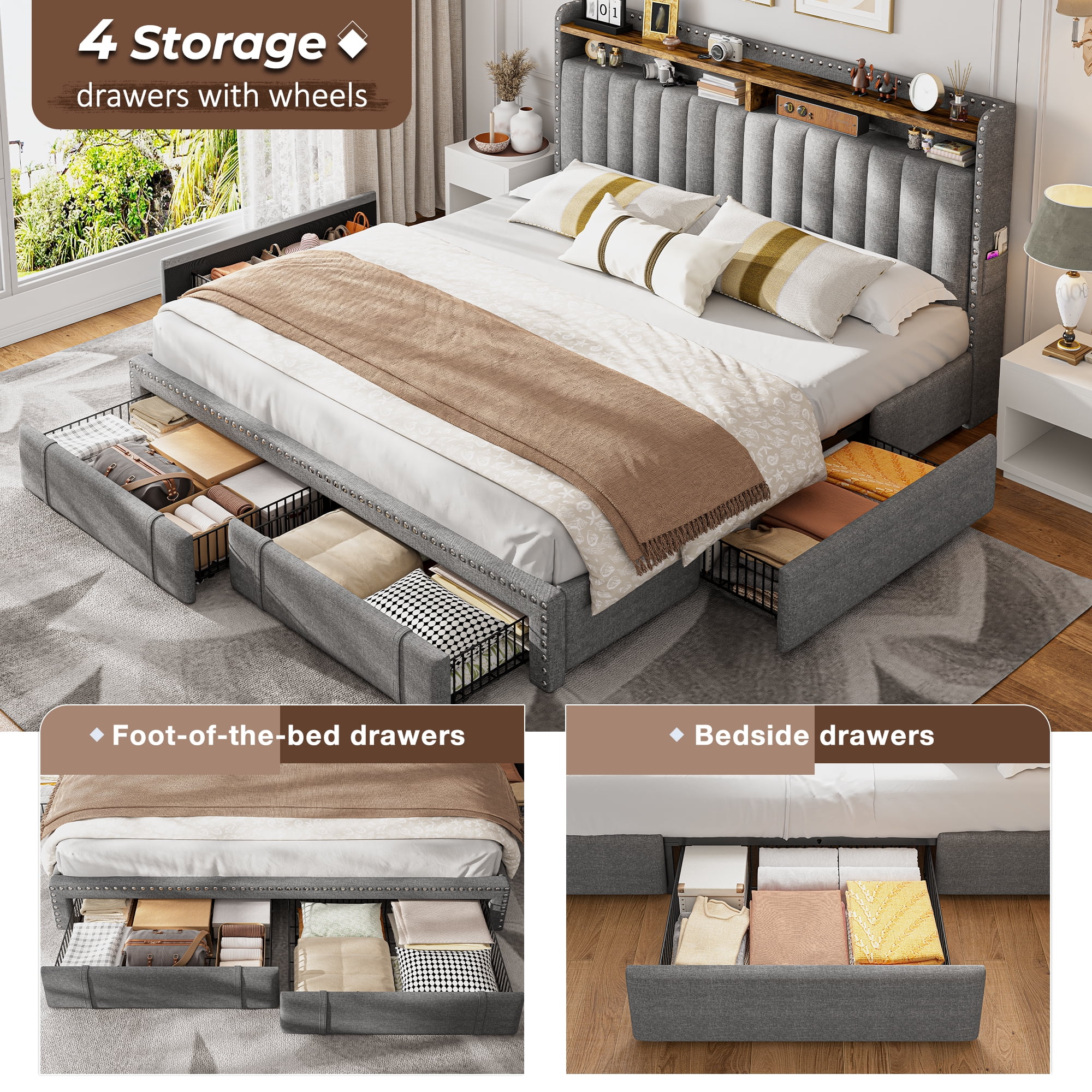 King Size Bed Frame with 4 Storage Drawers Upholstered Bed Frame with 2-Tier Shelf Bed Frame with Headboard & Side Pockets,Gray