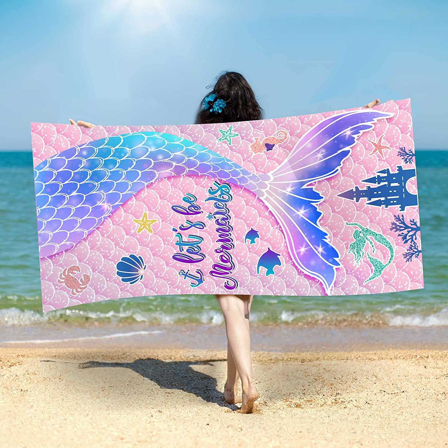 Mermaid Beach Towel Mermaid Tail Beach Blanket Mermaid Bath Towel Blanket Quick Dry Water Absorption Towel Sand Proof Oversized Thick Soft Blanket for