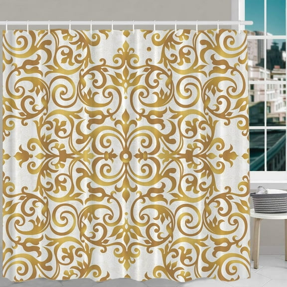 Vintage Decor Shower Curtain Set,Victorian Ornamental Lace Tracery Golden Polyester Shower Curtain for Shower Stall Bathroom Waterproof with Hooks 72"W x 84"L (Pack of 1)
