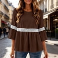 thumbnail image 3 of Lenpel 3/4 Length Sleeve Womens Tops Cotton Linen Crew Neck Fashion Peplum Blouses Casual Loose Eyelet Lace Patchwork Shirts Fall Clothes, 3 of 7
