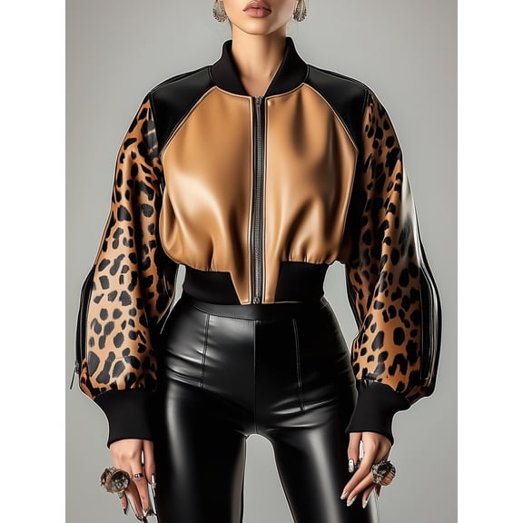 Women Two Tone Leopard Print Faux Leather Cropped Bomber Jacket Raglan Long Sleeve Zip Up Outerwear