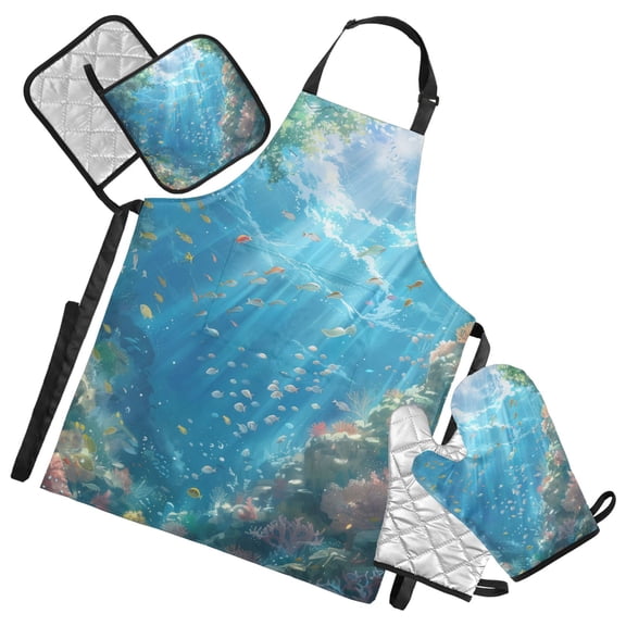 Summer Undersea Landscape 5 Pcs Kitchen Set Heat Resistant Oven Mitts and Non-Slip Pot Holders with Adjustable Cooking Apron