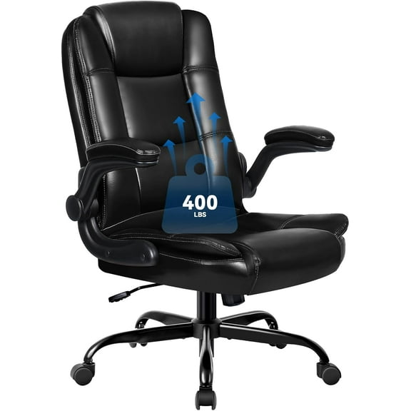 VITESSE Executive Office Chair with Flip-up Armrests, Big and Tall Leather Ergonomic Office Chair, High Back Lumbar Support Home Computer Desk Chair, Heavy and Duty Computer Chair (Black)