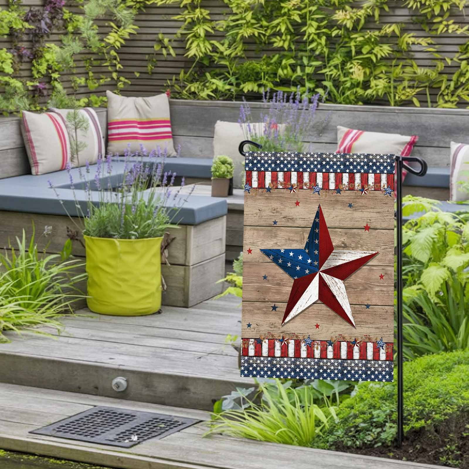 4th of July Garden Flags Patriotic Stars Garden Flag Double Sided Welcome Flag Red White and Blue Wood Grain Independence Day Yard Flags for Outdoor Lawn Porch Memorial Day Holiday Decor 28x40 Inch