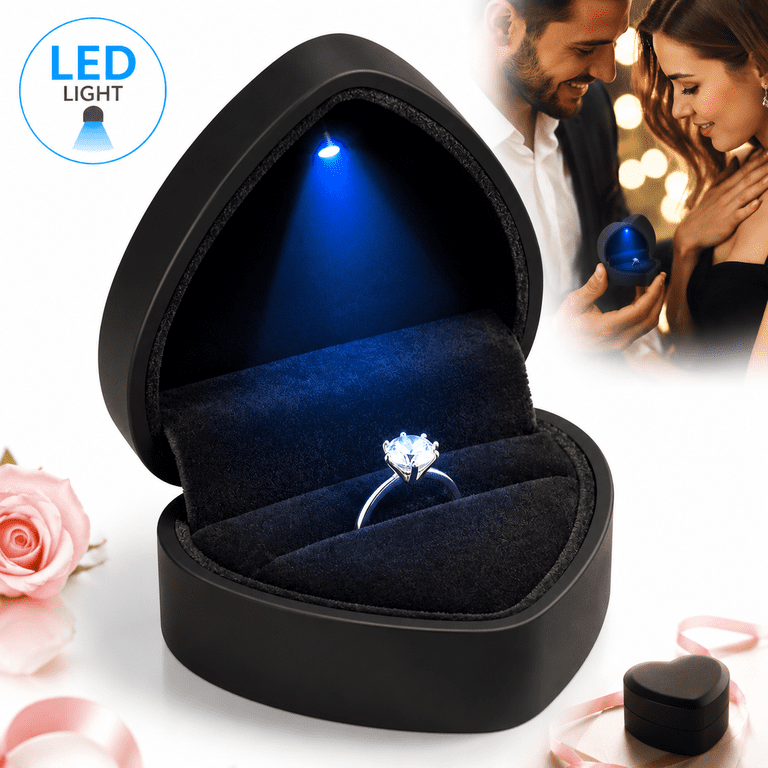 Heart Shaped Ring Box with LED Light, Black Velvet photo 1