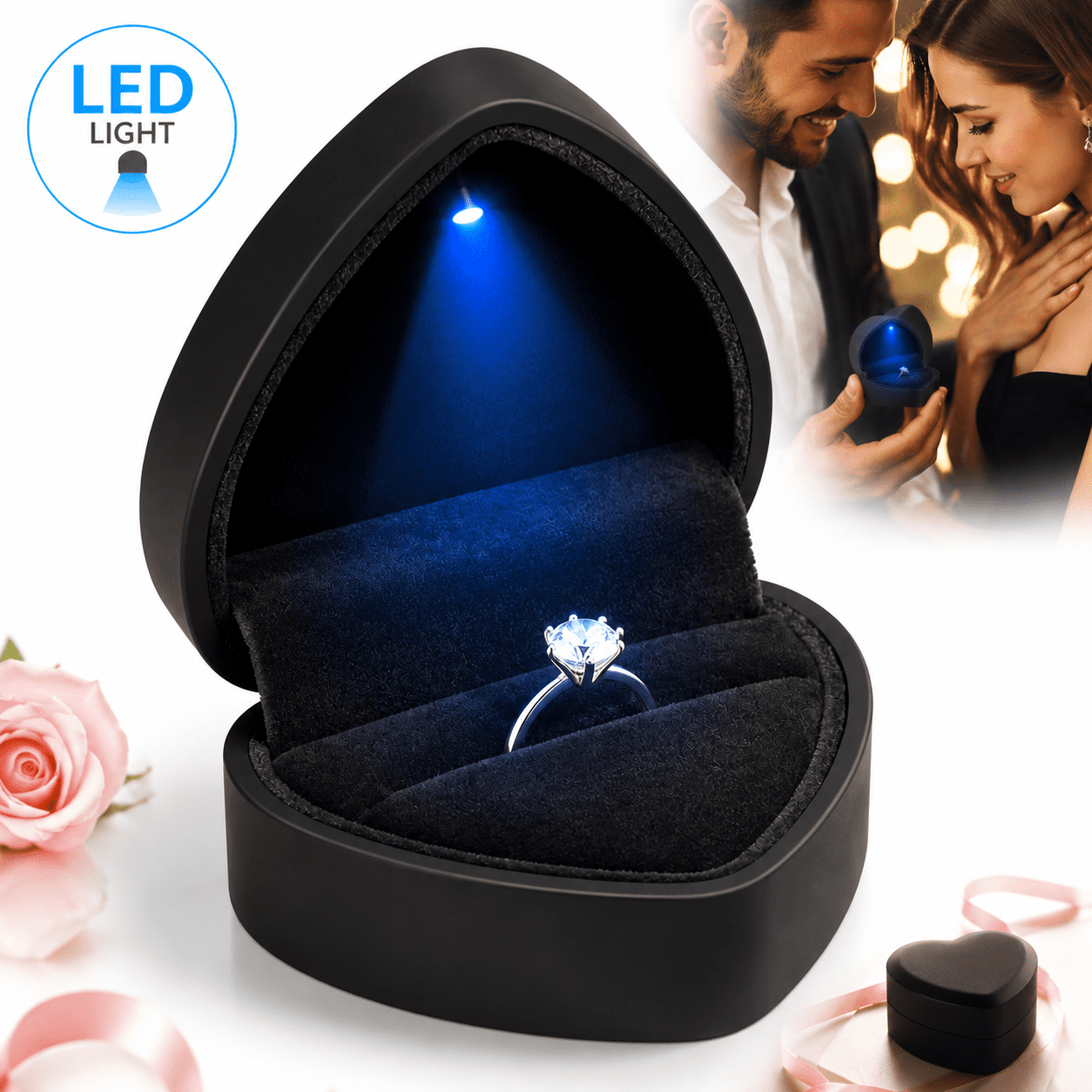 Tattom Heart Shaped Ring Gift Box with LED Light, Velvet Earrings Jewelry Case with Light, Jewellery Display Box for Wedding, Engagement, Proposal, Birthday and Anniversary