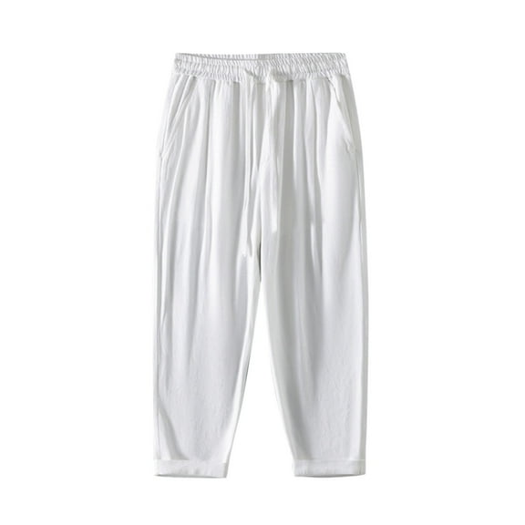 hotojiny Men's Cotton Linen Pants Summer Elastic Waist Drawstring Casual Cropped Trouser Lightweight Rolled Hem Loose Beach Yoga Pants