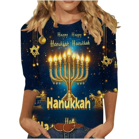 Cilsoka Summer Shirts for Women 2026 Plus Size, Hanukkah Shirt Women Menorah Print T Shirts 3/4 Length Sleeve Hanukkah Shirts Loose Fit Crew Neck Tunic Tops, Graphic Trendy Tees