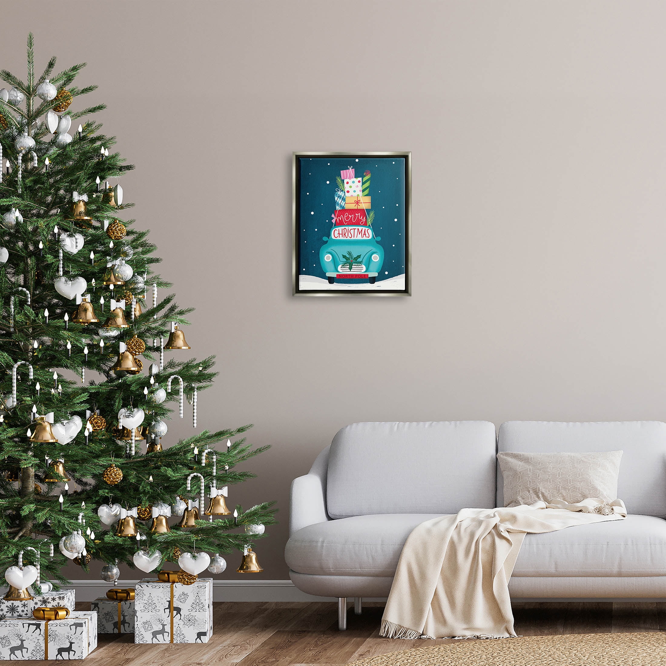 Merry Christmas Stacked Gifts Car Holiday Graphic Art Luster Gray Framed Art Print Wall Art