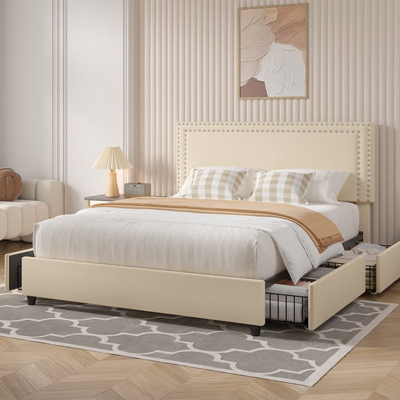 VECELO Full Bed Frame with 4 Storage Drawers (Wheeled) and Tufted Upholstered Adjustable Headboard Platform Bed, Beige