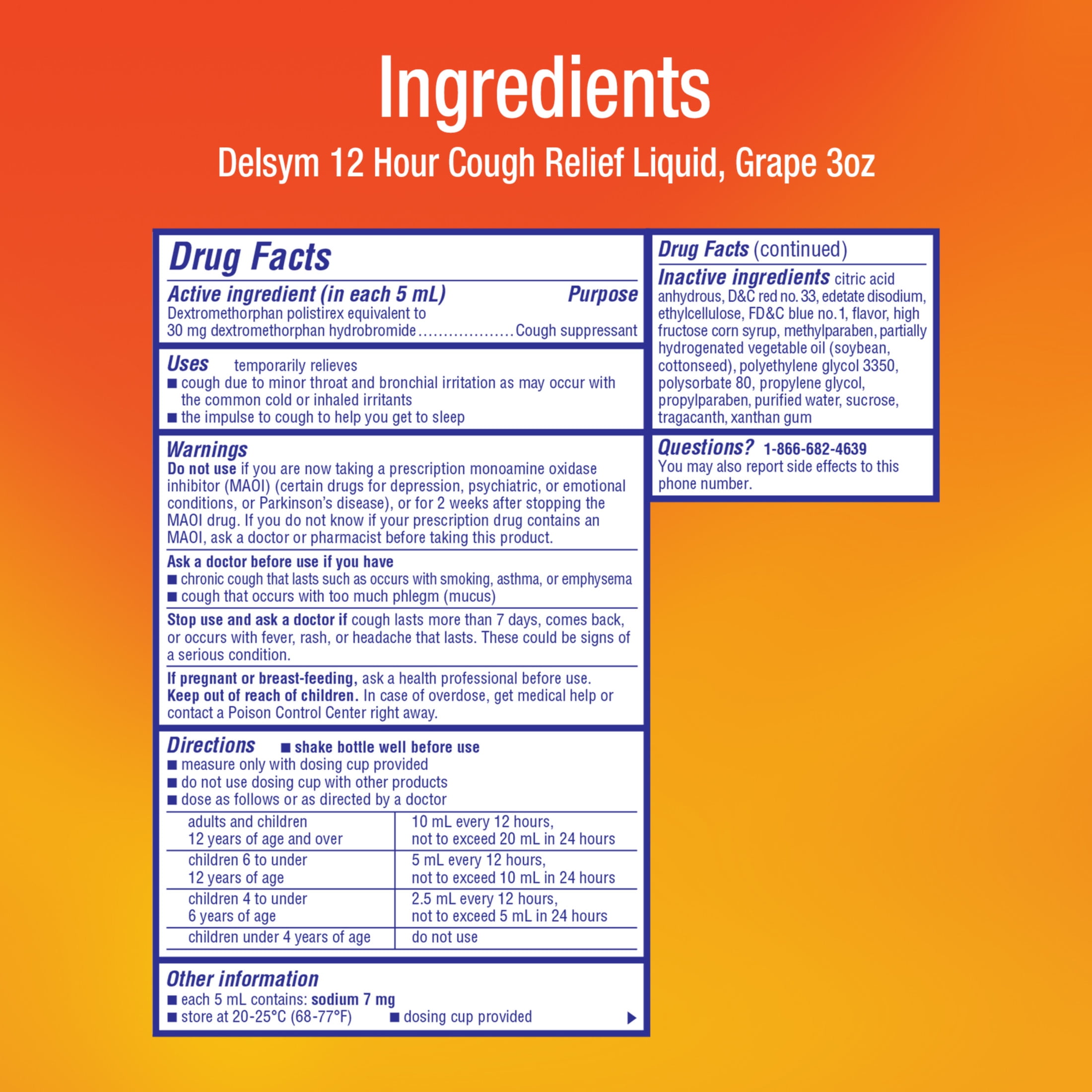 Delsym Adult 12 hour Cough Relief Suppressing Liquid Medicine, Grape Flavor, 3 fl oz