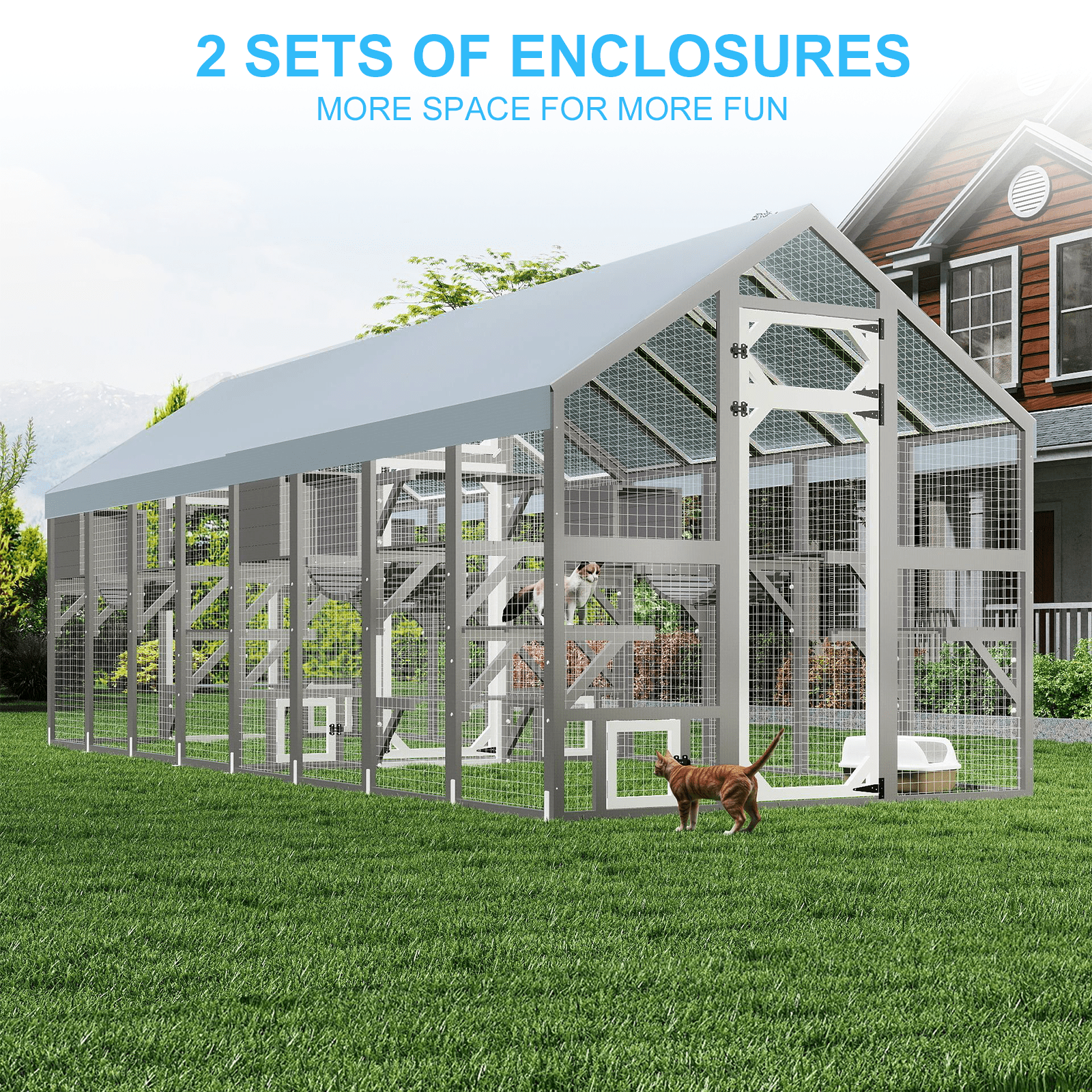 Petscosset 110" Large Catio Outdoor Cat Enclosure, Multi Cats Cat House Weatherproof, Small Animals House Outdoor for 6-8 Cats