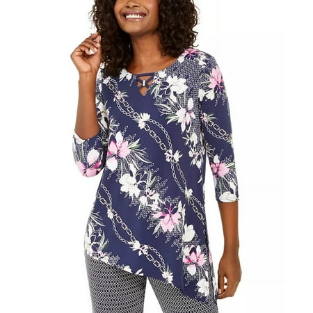 JM Collection Women's Asymmetrical Printed Top Navy Size X-Small