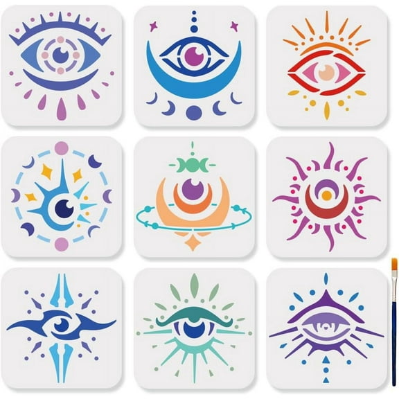 9pcs Magic Evil Eyes Stencils 6×6inch Reusable Devil's Eye Moon Phases Star Drawing Stencils with Paint Brush Mysterious Magic Theme Stencils Template for Wood Wall Furniture Canvas Decor DIY