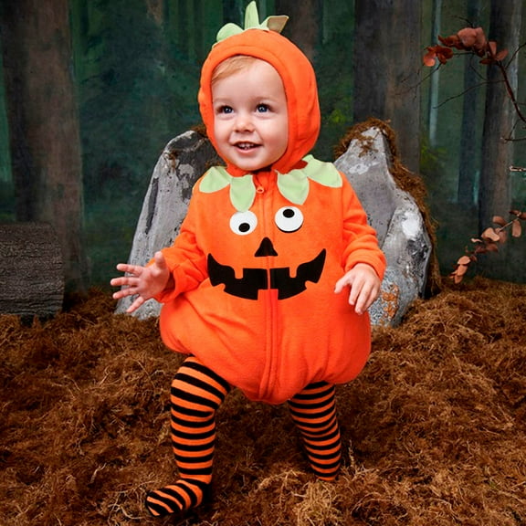 Infant Pumpkin Costume Toddler Zip up Hoodies Romper Jumpsuit Cotton With Hat Set Halloween Baby Girl Outfit Toddler Halloween Costume Boy 3-6 Months