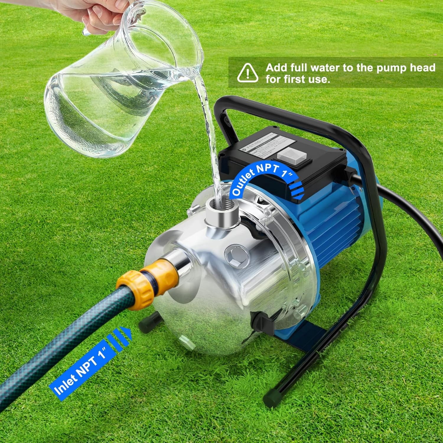 FOTING 1.6HP Shallow Well Pump, 1600GPH 115V Portable Garden Pump, Jet Pumps 147FT, Stainless Steel Water Transfer Household Draining Irrigation Pumps for Garden Lawn Farm