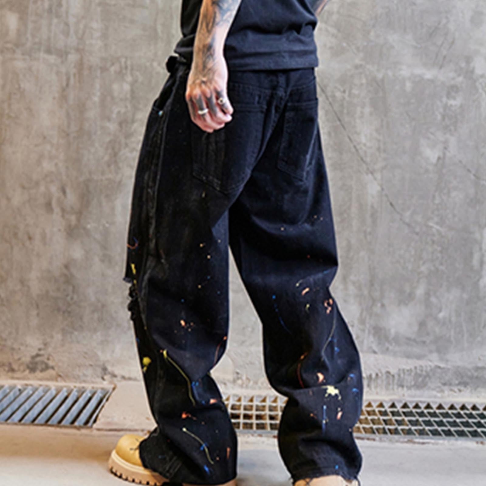 BosfBaoi 100% Denim Paint-Splatter Cargo Pants for Men - Loose Fit