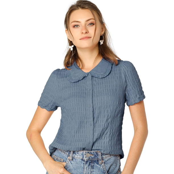 Camisa de Manga Corta Allegra K con Botones y cuello Peter Pan Azul polvoriento XS