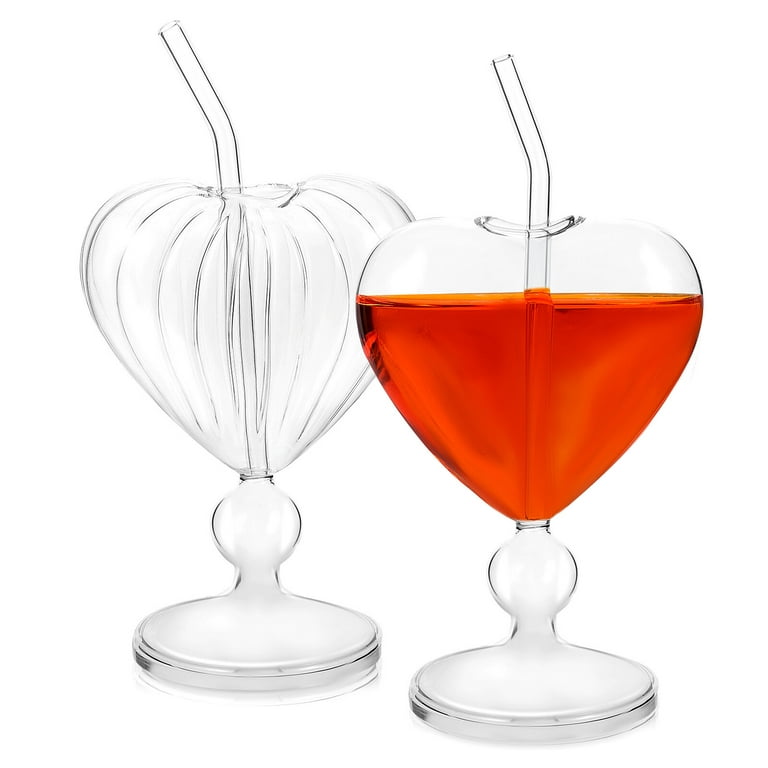 2 Pcs Cocktail Glasses Unique Wine Glasses Heart-shaped Romantic Juice  Glasses Glassware with Straws