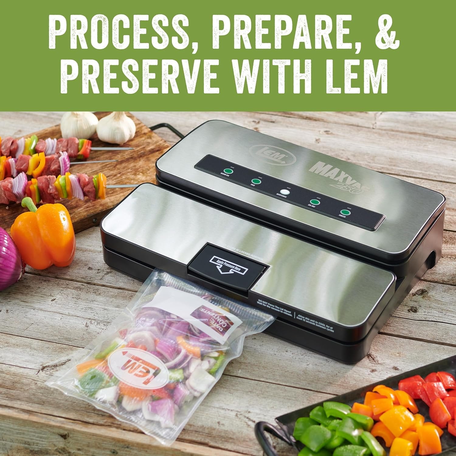 LEM Products MaxVac 250 Stainless Steel Vacuum Sealer with Built-In Bag Holder and Cutter, Silver and Black