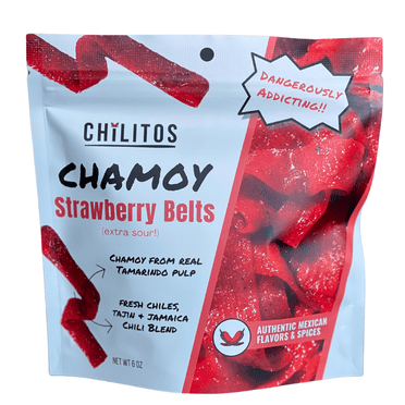 Strawberry Sour Belts Chamoy Candy - Mexican Sweet Sour Spicy Gummy Chili Candy (6 oz Bag)