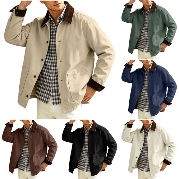 Lutiedan Mens Button down Jackets Fall Lightweight Vintage Barn Jacket Long Sleeve Corduroy Lapel Outwear with Pockets S-XXL