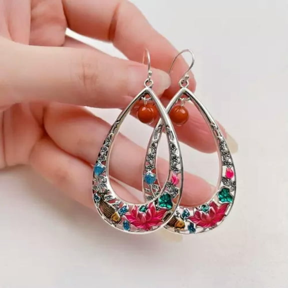 HOOUN 925 Silver Plated Cloisonne Ethnic Earrings Tassel Dangle Drop Fish Jewelry Gift